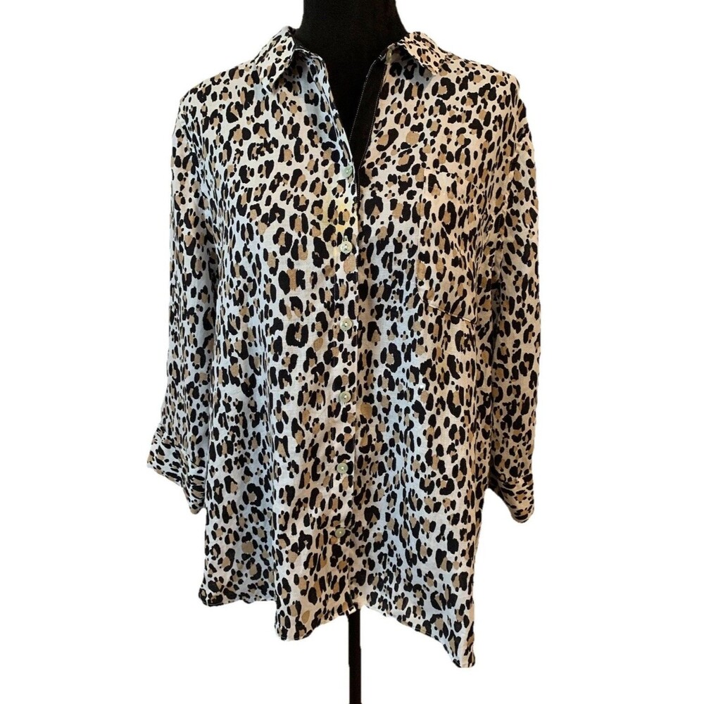 Chicos Size 3 Womens XL Top No Iron Linen Animal Print 3/4 Sleeves